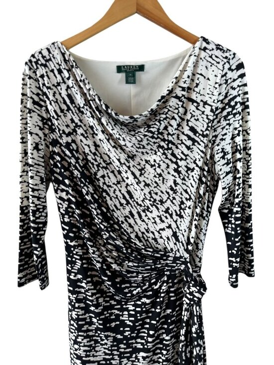 Lauren Ralph Lauren Black White Abstract Wrap Dress Ruched Size 14 - Picture 3 of 7
